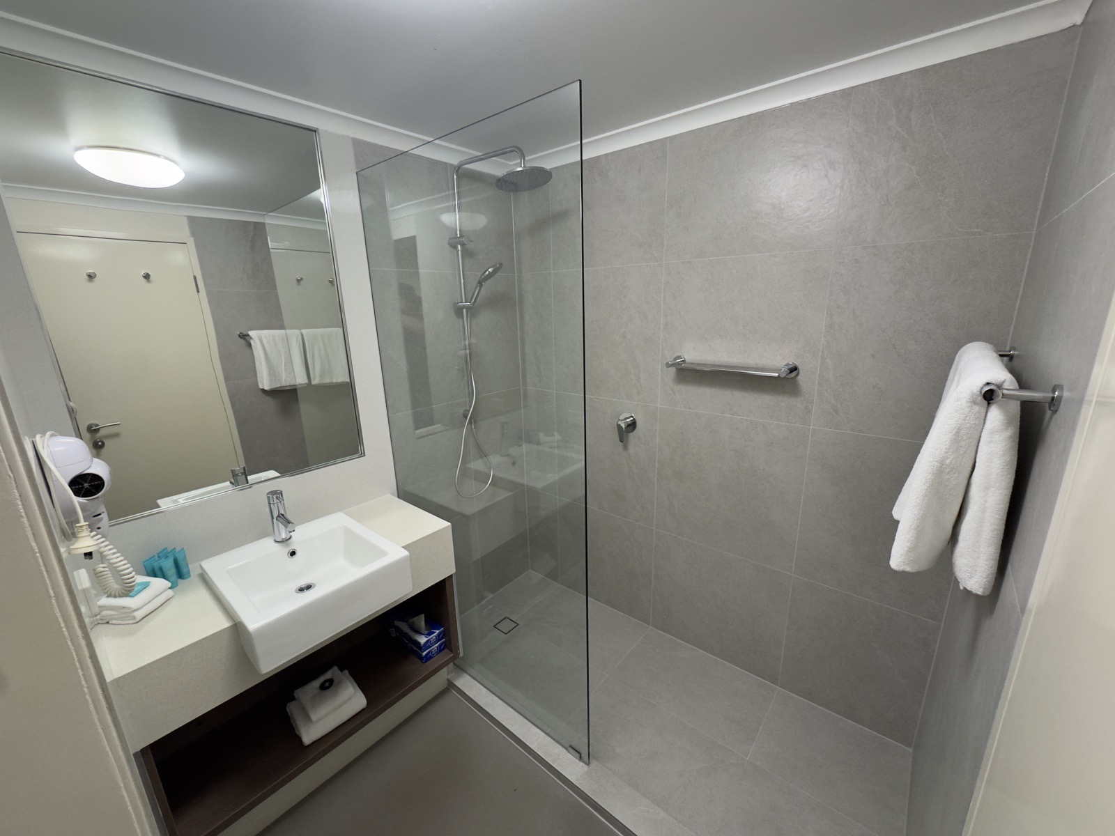 The bathroom: walk-in shower behind glass, vanity and mirror alongside