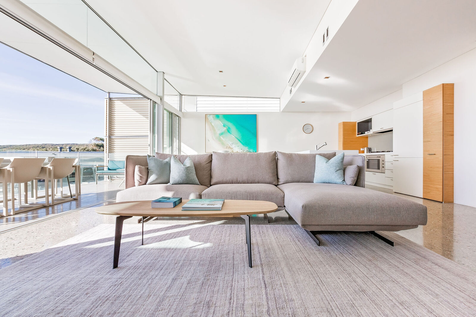 The full living room, sofa and rug in front of the glass, dining table beyond